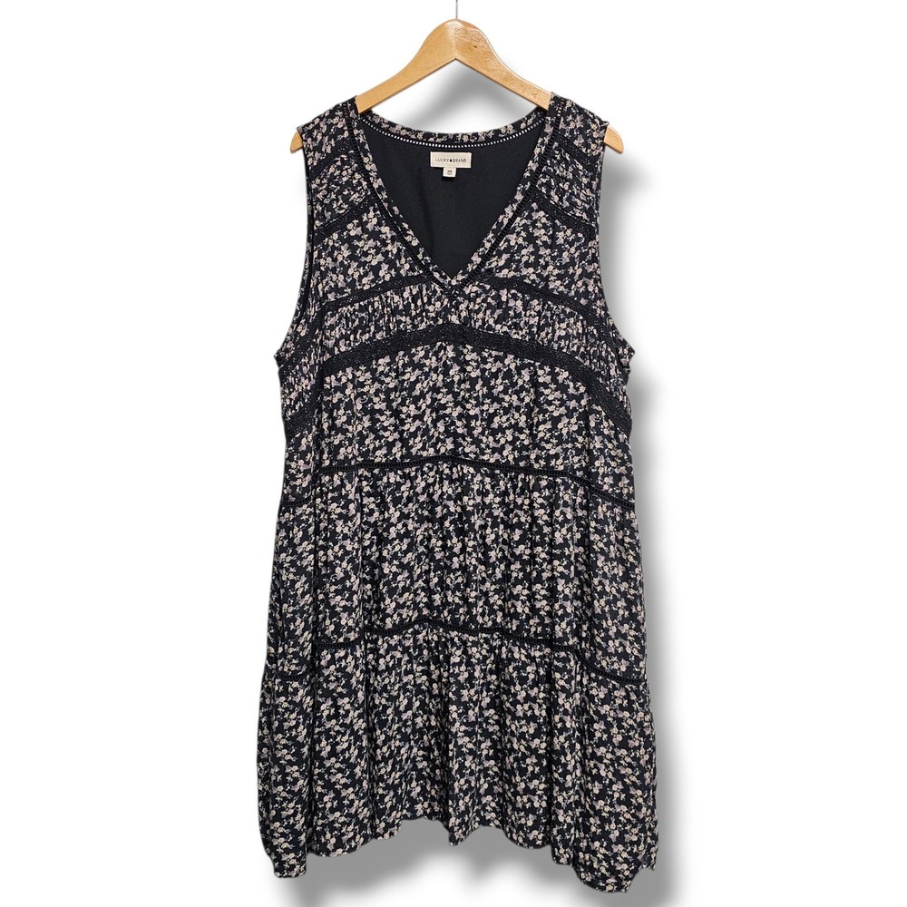 Lucky Brand Dress XXL Black Floral Tiered Babydoll Lace Pintuck Boho Slight Flaw